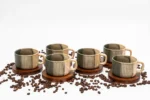 Stone Olive - Set od 6 keramičkih šoljica za kafu sa drvenim podmetačima